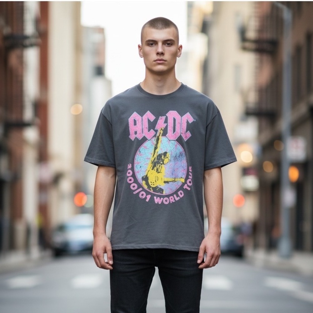 ACDC 2000/01 World Tour Graphic T-Shirt Gray XXL 16/18 Kids Boys Girls Band‎ Tee